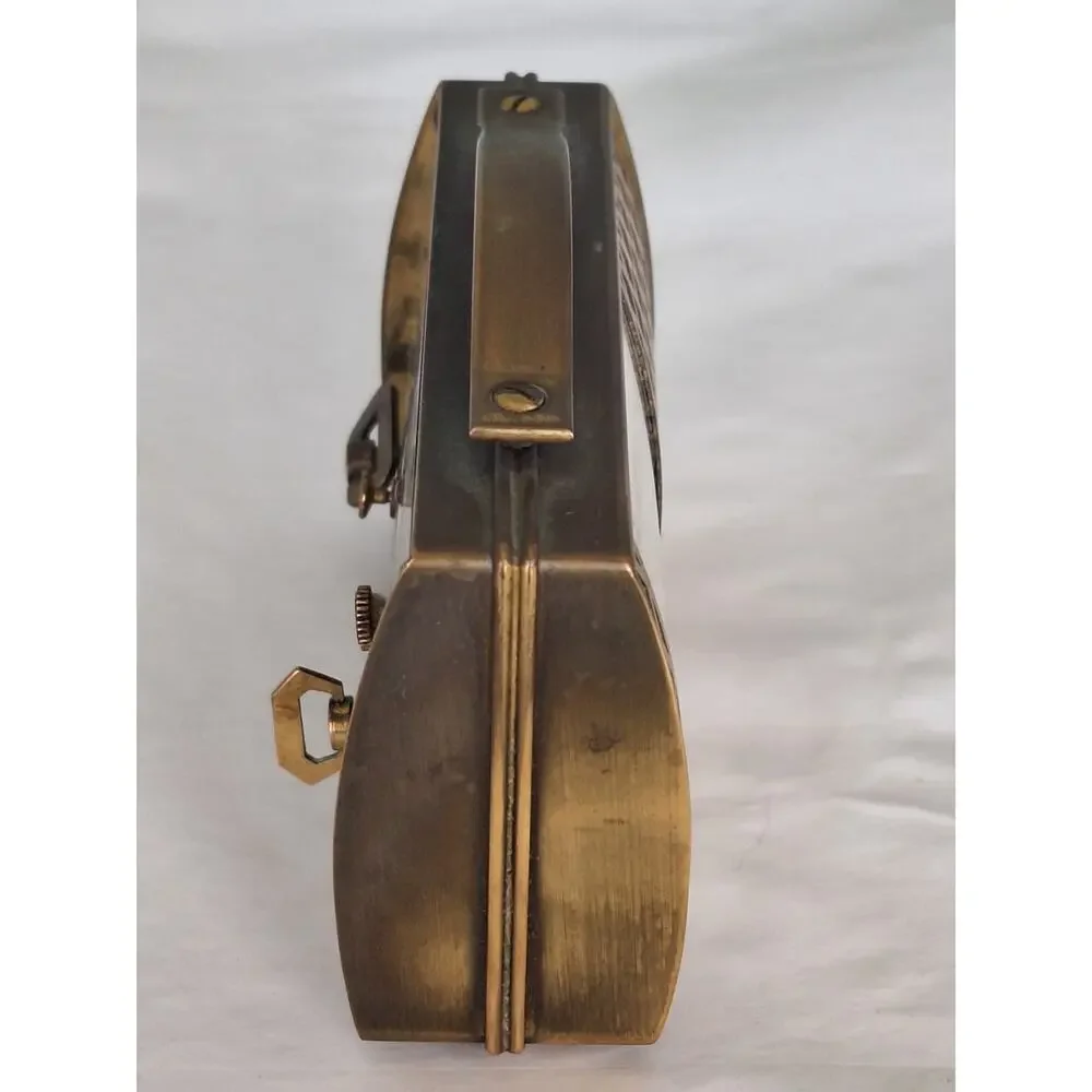 Vintage Semca Swiss 7 Jewel Brass Suitcase Style Musical Alarm Clock MCM Working